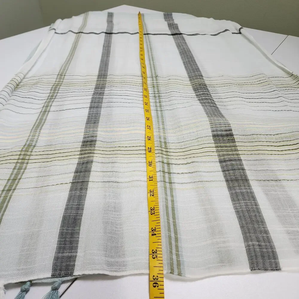 J Jill Womens Plaid Scarf One Size‎ Green White Blanket Semi Sheer Tassels Boho